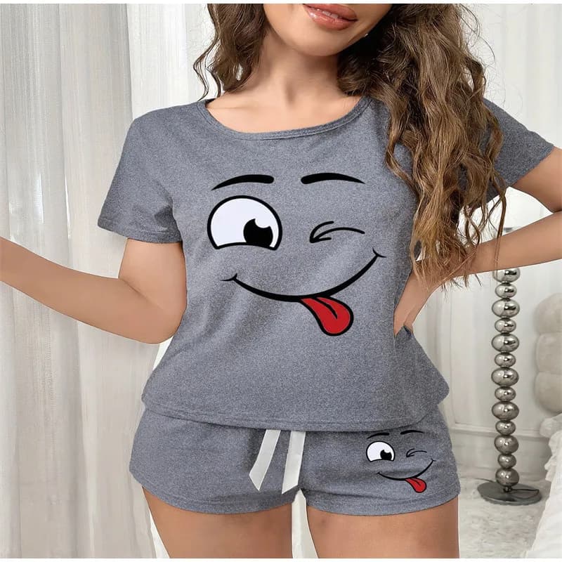 Summer Smiley Face Printed Pajamas Set Women's Short Sleeved Top And Shorts 2-piece Set Casual Home Wear Soft Cotton Nightwear