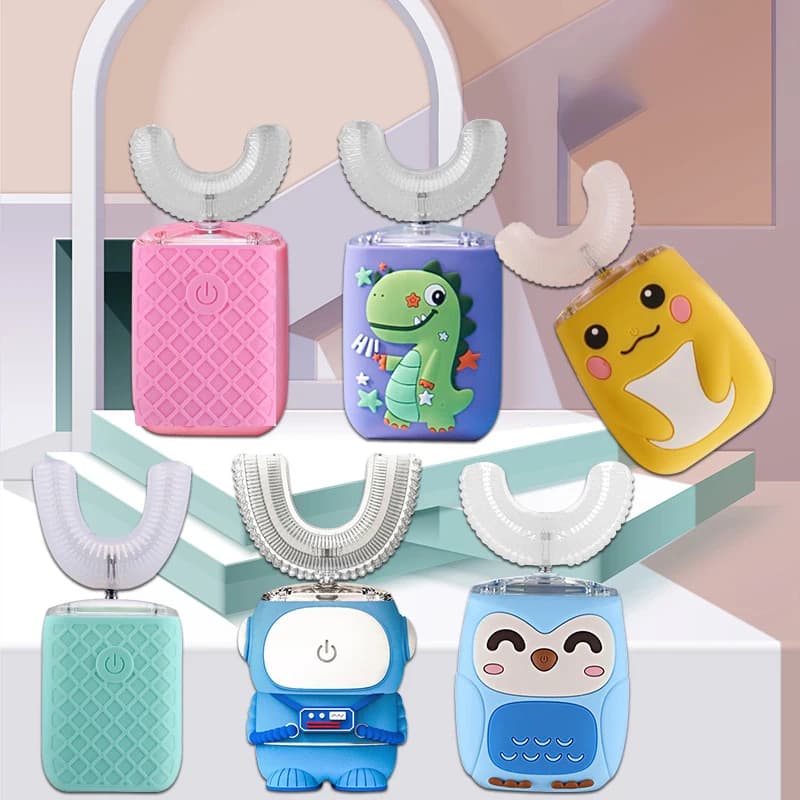 Spazzolino elettrico a forma di U ricaricabile per bambini Spazzolino sonico intelligente a 360 gradi per bambini Luce blu automatica in silicone