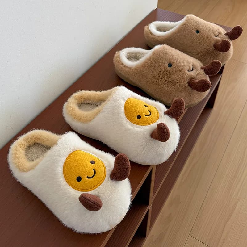 Winter Women Cotton Slippers Cartoon Cute Egg Slippers Fleece-lined New Year Festival Fleece Lined Cozy Indoor Shoes