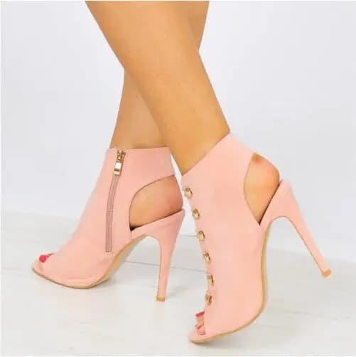 Sweet Women Pink Suede Peep Toe Zipper Side Buttons Decor Slingback Thin Heels Ankle Sandals Boots Female Fashion Short Boots