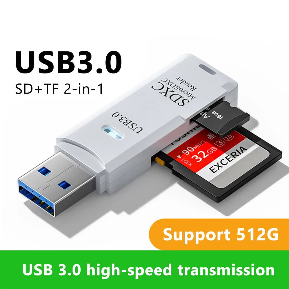 Lettore di Schede USB 3.0/2.0 Multifunzione 2-in-1 ad Alta Velocità, Supporta TF+SD per Computer, Tablet, Fotocamera, Laptop, Auto