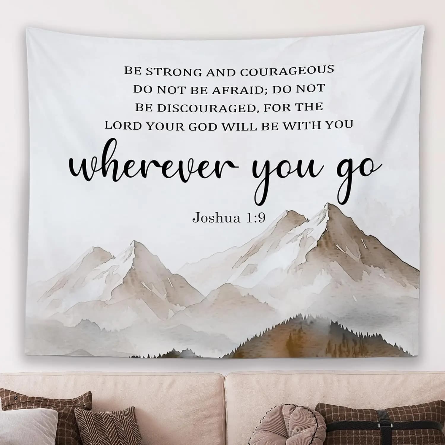 Christian Mountian Lord Wall Tapestry Hanging for Bedroom, Bible Verse Scripture Joshua 1:9 Tapestries, Watercolor Religious
