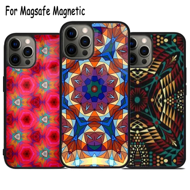 Custodia per telefono wireless con arte caleidoscopica indiana per iPhone 17 Air 15 16 16e 14 13 11 12 Pro Max Plus, cover magnetica Magsafe