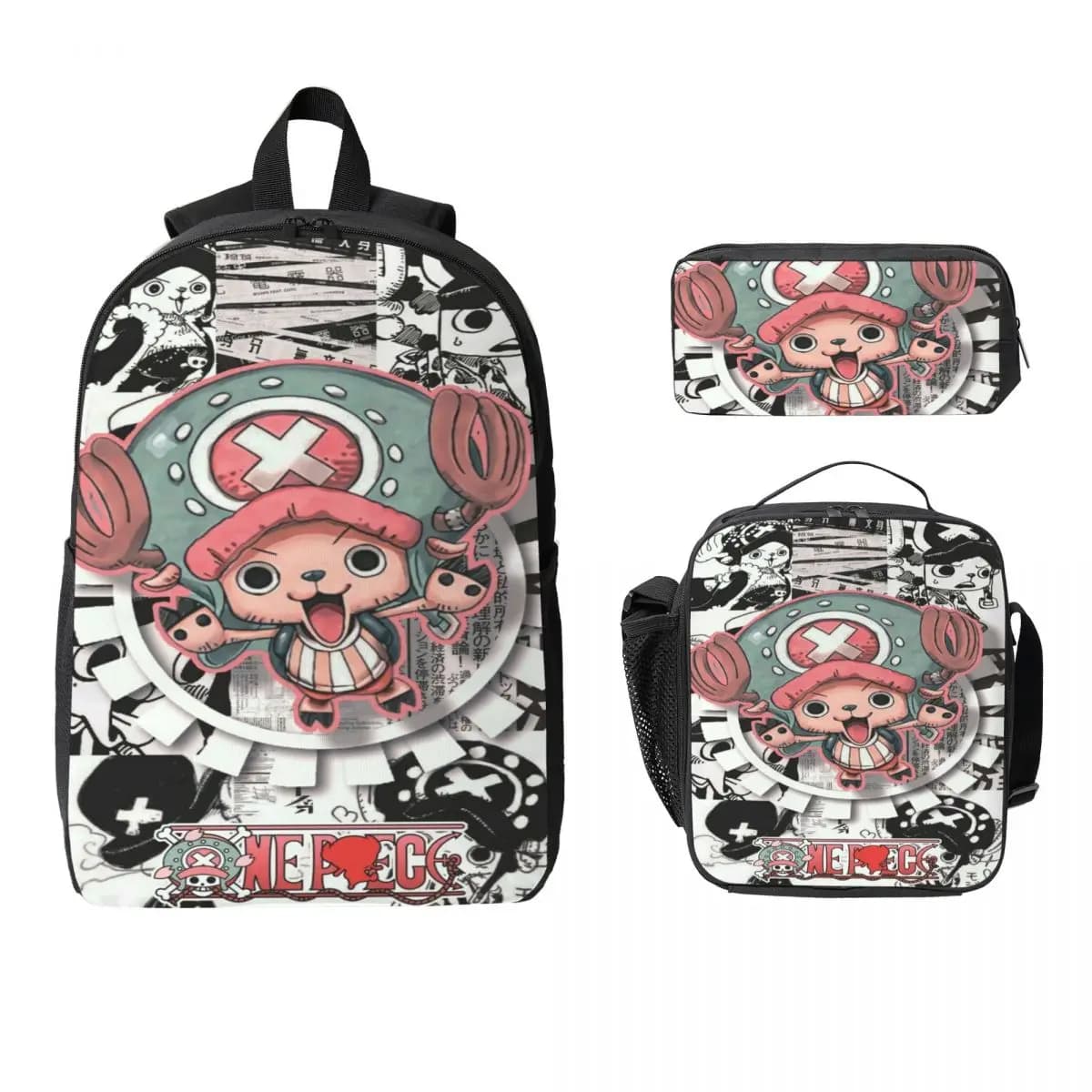 Set di 3 zaini Luffy One Piece per bambini e bambine, con astucci, zaino e borsa termica per il pranzo, per studenti delle scuole primarie.