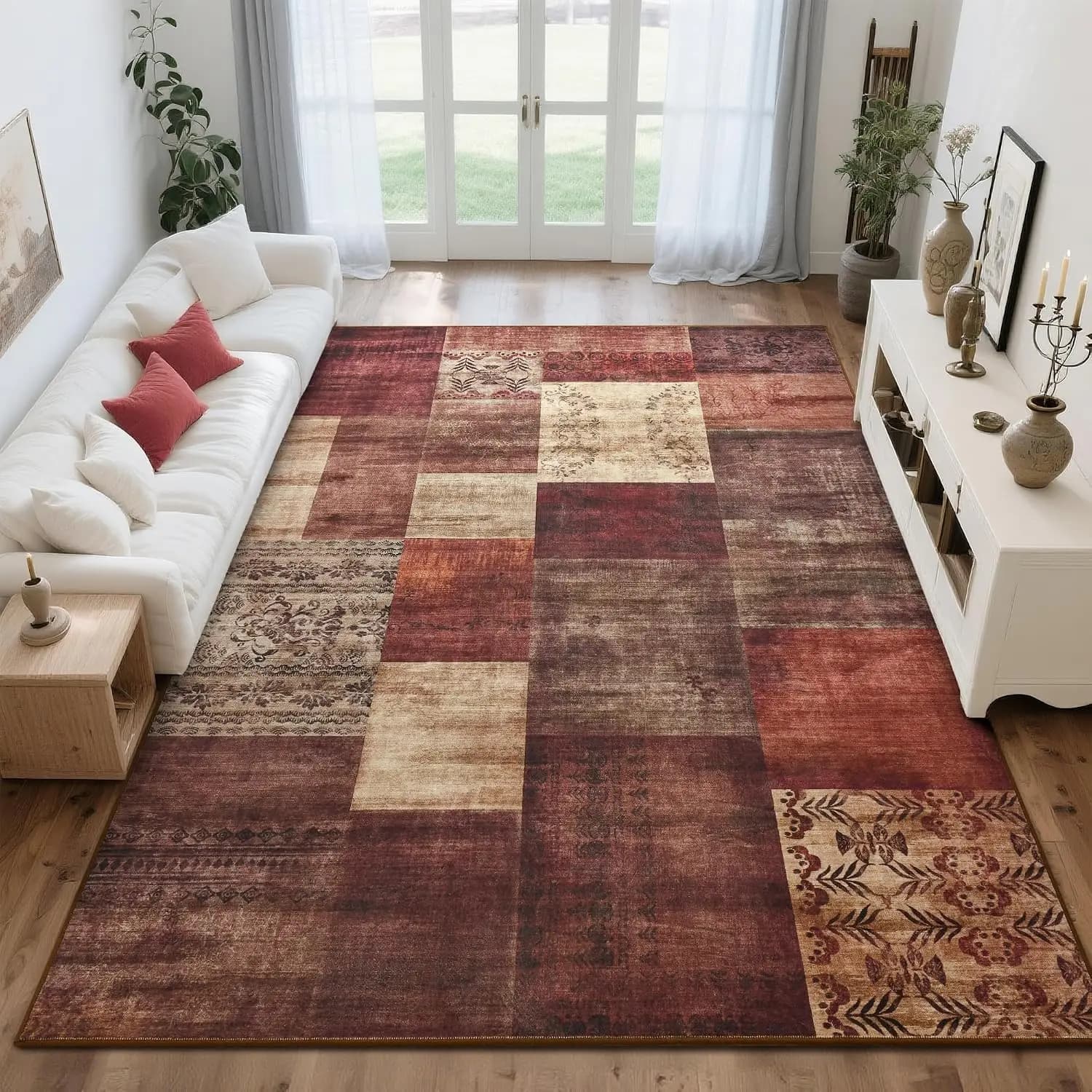 Red Modern Geometric Washable Area Rug, Non-Slip Patchwork Carpet for Living Room Bedroom Dining Room Office Home Decor
