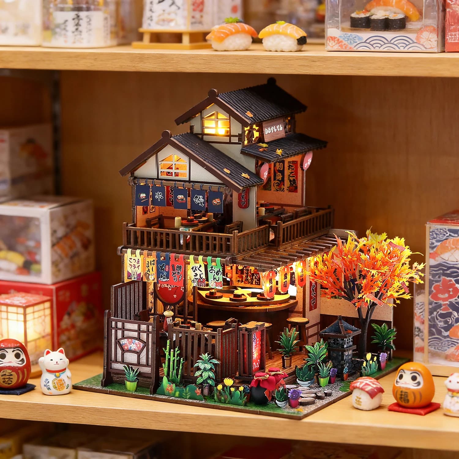 Japanese Style Sushi Restaurant DIY Wooden 3D Puzzle Assembly Architecture Model Miniature Craft Decoration Creative Gift