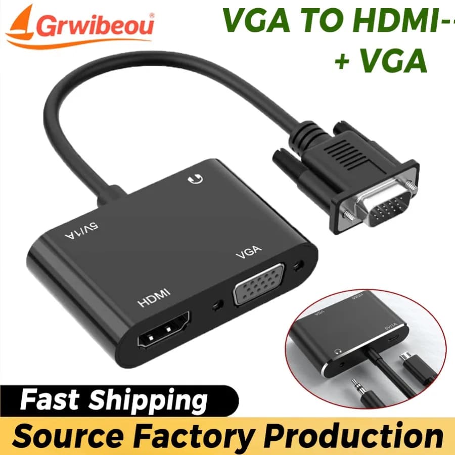 Adattatore VGA a HDMI/VGA 1 in 2 Out, Splitter Convertitore VGA per Computer, Desktop, Laptop, Monitor e Proiettori