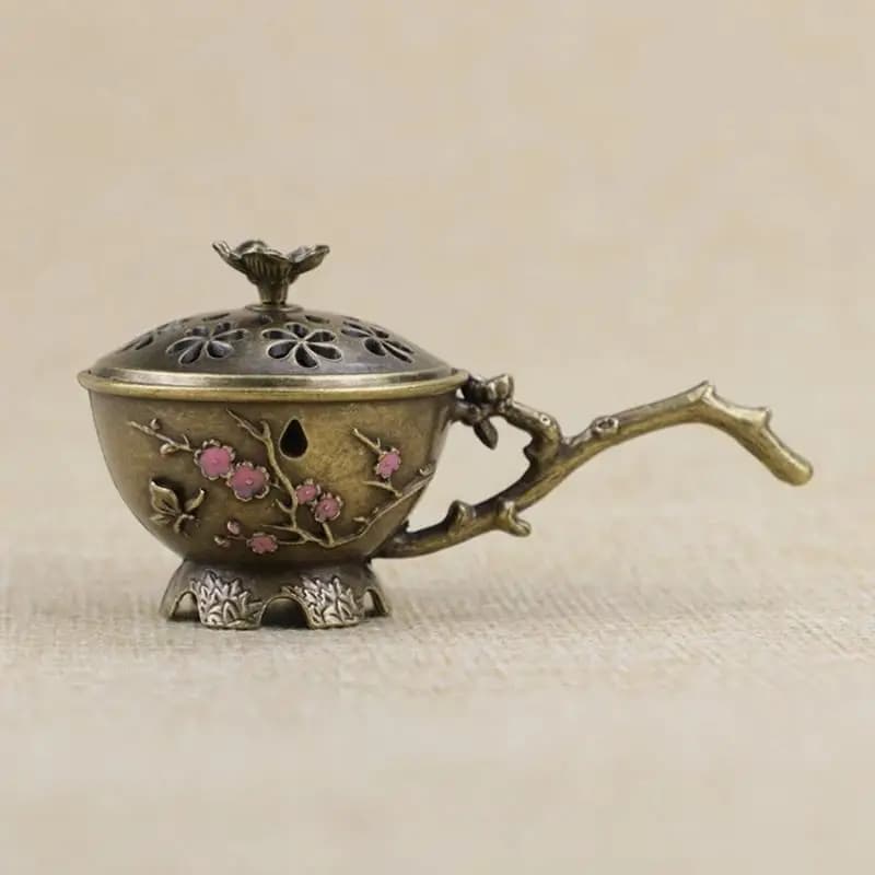 Retro Zinc Alloy Plum Blossom Incense Stick Burner With Handle Hollow‑Out Small Craft Home Decor