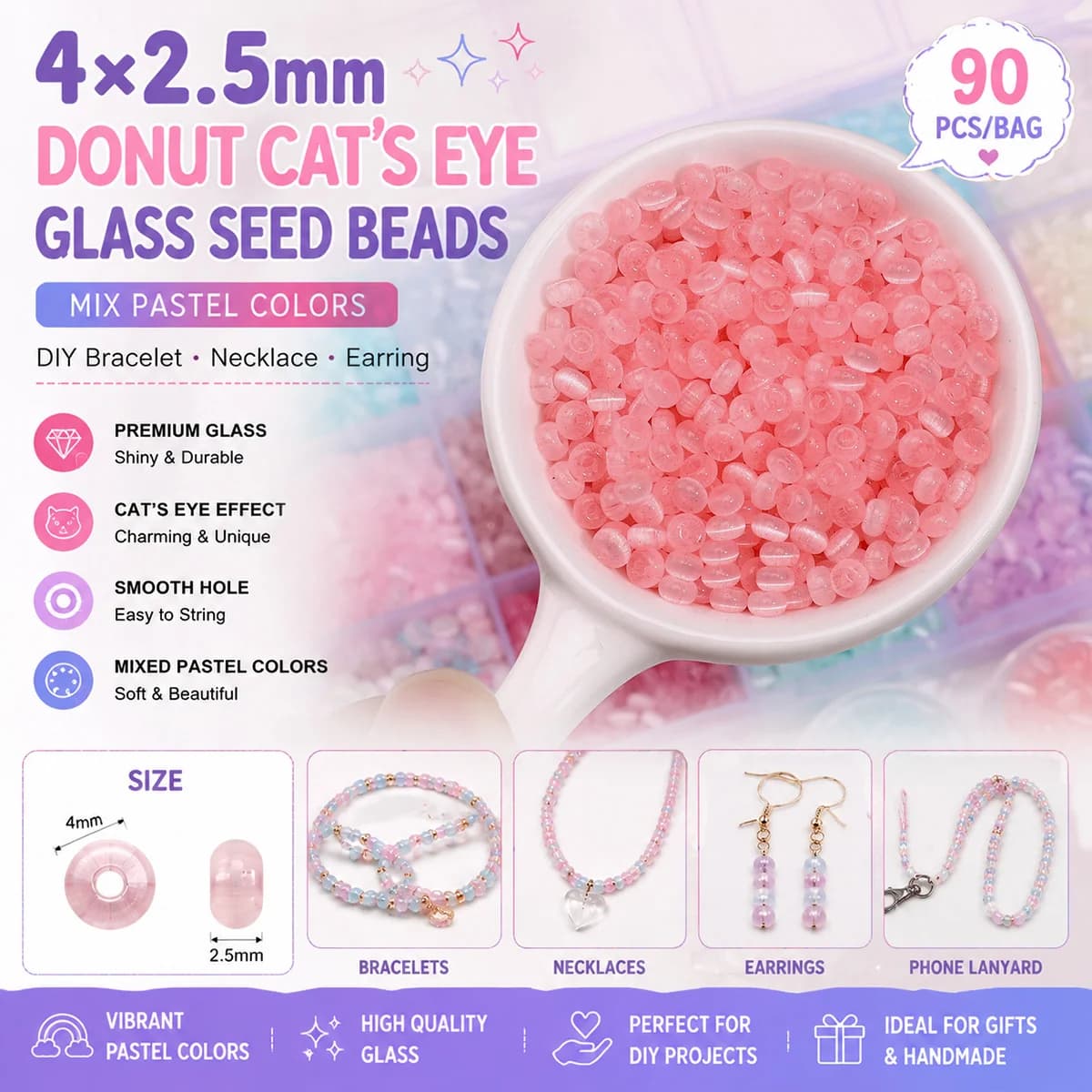 90pcs Pastel Cat's Eye Glass Donut Beads 4x2.5mm Mixed Colors for DIY Bracelet Jewelry Accessories Making