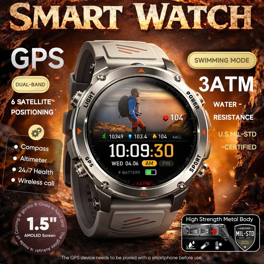 Smartwatch GPS Dual-band per Esterni, Impermeabile 3ATM, Schermo AMOLED, Bussola GNSS Integrata, Altimetro, Torcia, Orologio Sportivo da Uomo