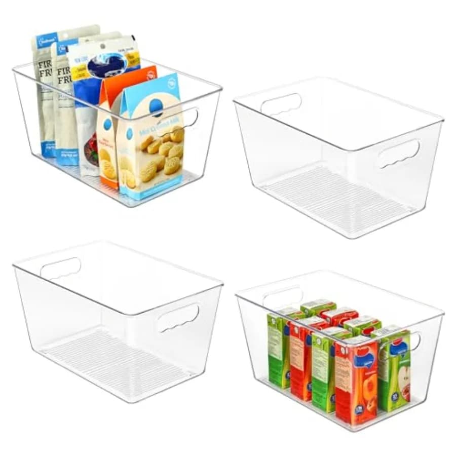 Contenitori Organizzatori Trasparenti in Plastica per Dispensa, 4 Pezzi, Contenitori per Alimenti con Manico per Frigorifero, Armadietto, Cucina, Ripiani e Tazze