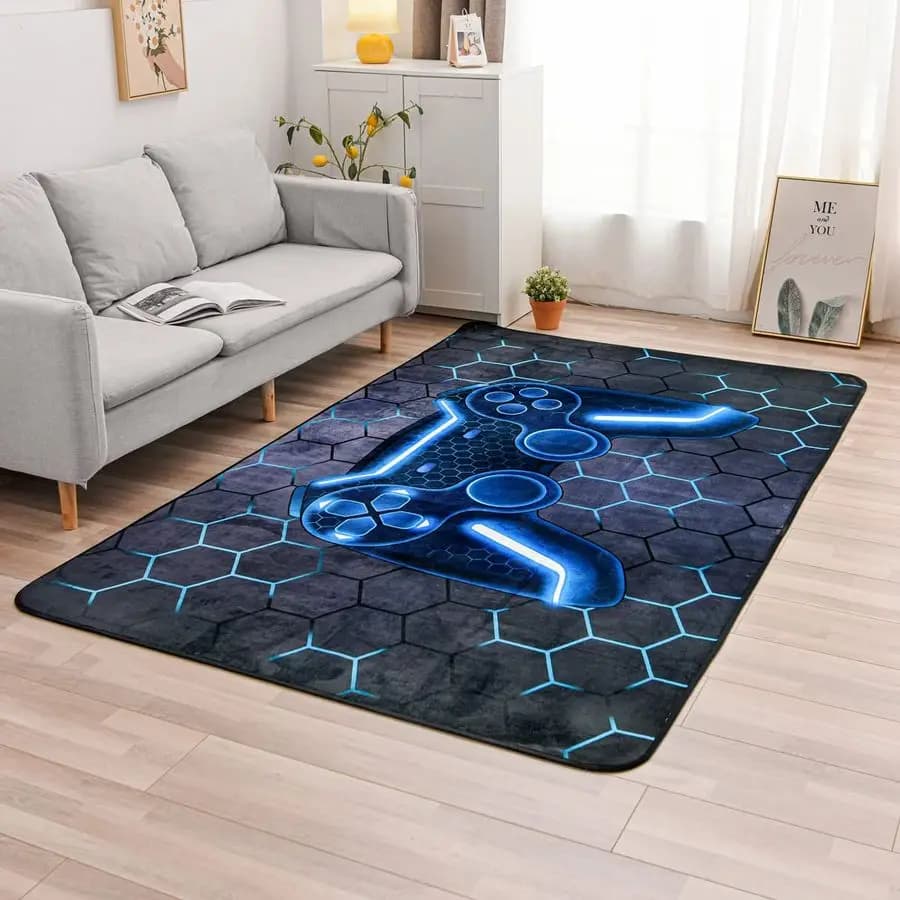 Tappeto per console di gioco per camera da letto, divano, sala giochi, tappeti da comodino geometrici, tappetino decorativo per giocatori, 3x5 piedi, blu