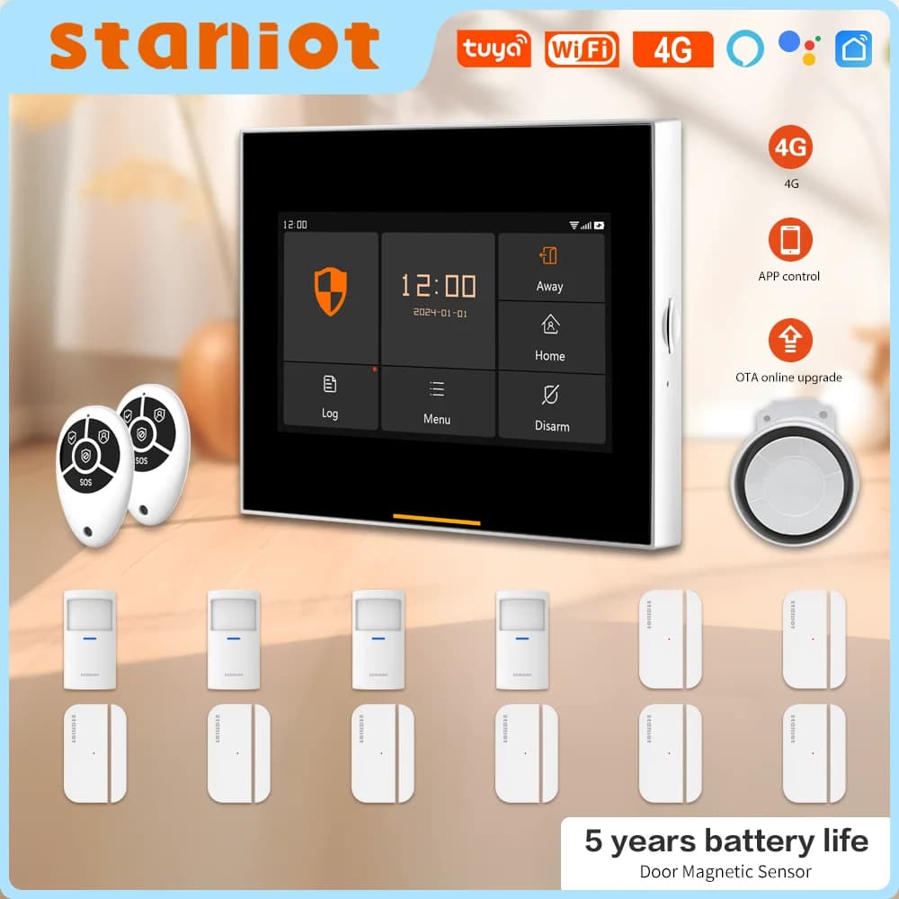 Staniot 433 MHz Kit di protezione di sicurezza wireless WiFi 4G Tuya Samrt Sistema di allarme di sicurezza domestica Funziona con Alexa Google APP Remot