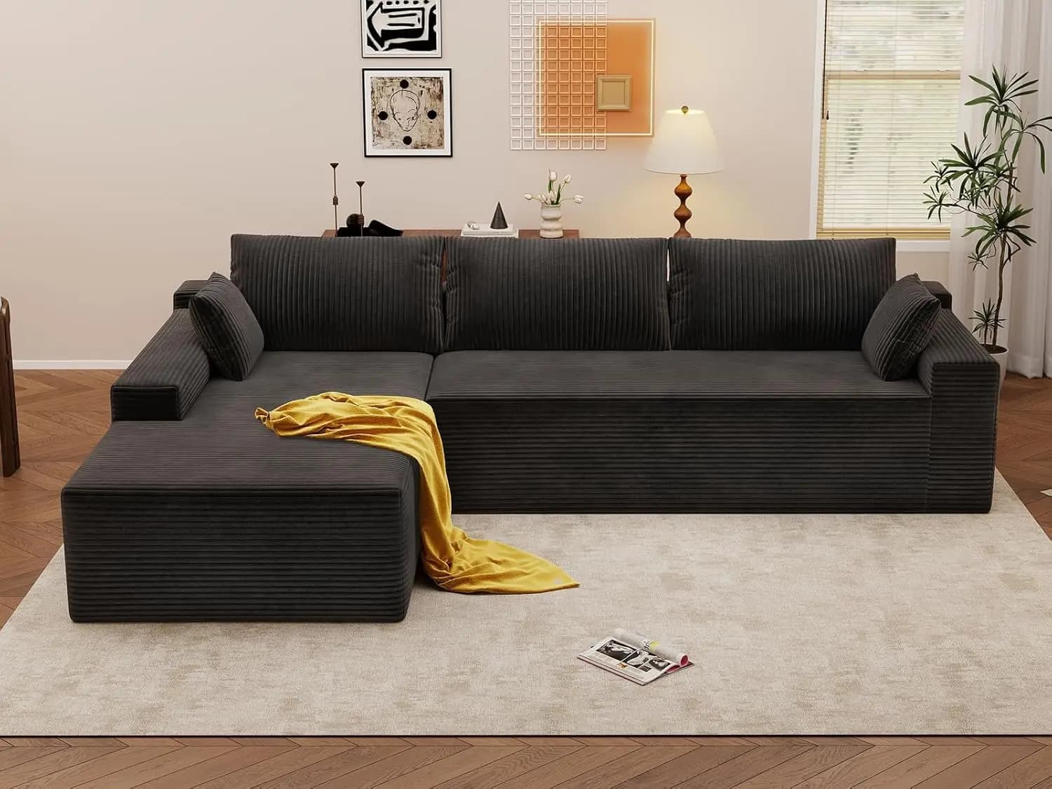Corduroy Modular Sectional Sofa with Deep Seat Chaise, 96'' L-Shape No Assembly Flexible Washable Covers, Customized