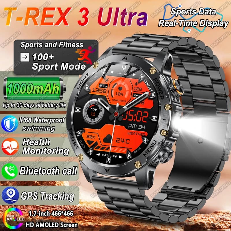 T-Rex 3 Ultra Smartwatch di Grado Militare con Batteria da 1000mAh, Impermeabile IP68, Chiamate Bluetooth, Display AMOLED HD, Nuovo Smartwatch Sportivo 2026