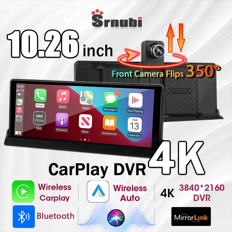 Schermo intelligente per autoradio Srnubi da 10,26 pollici 350 ° Ruota il monitor da cruscotto touch universale per auto wireless CarPlay Android con fotocamera 4K