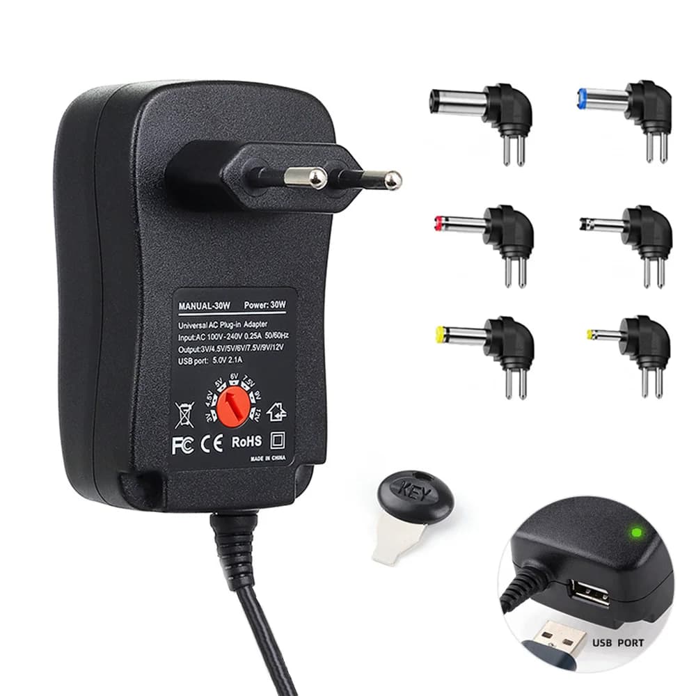 Nuovissimo Adattatore di Alimentazione Regolabile AC DC 3V 4.5V 5V 6V 7.5V 9V 12V 30W Universale US EU UK AU per Luci LED e CCTV