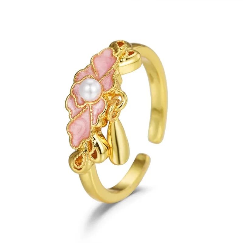 Bestselling Pink Enamel Peony Open Adjustable Ring Pearl Teardrop Charm Gold Plated Oriental Vintage Dainty Women Jewelry Gift