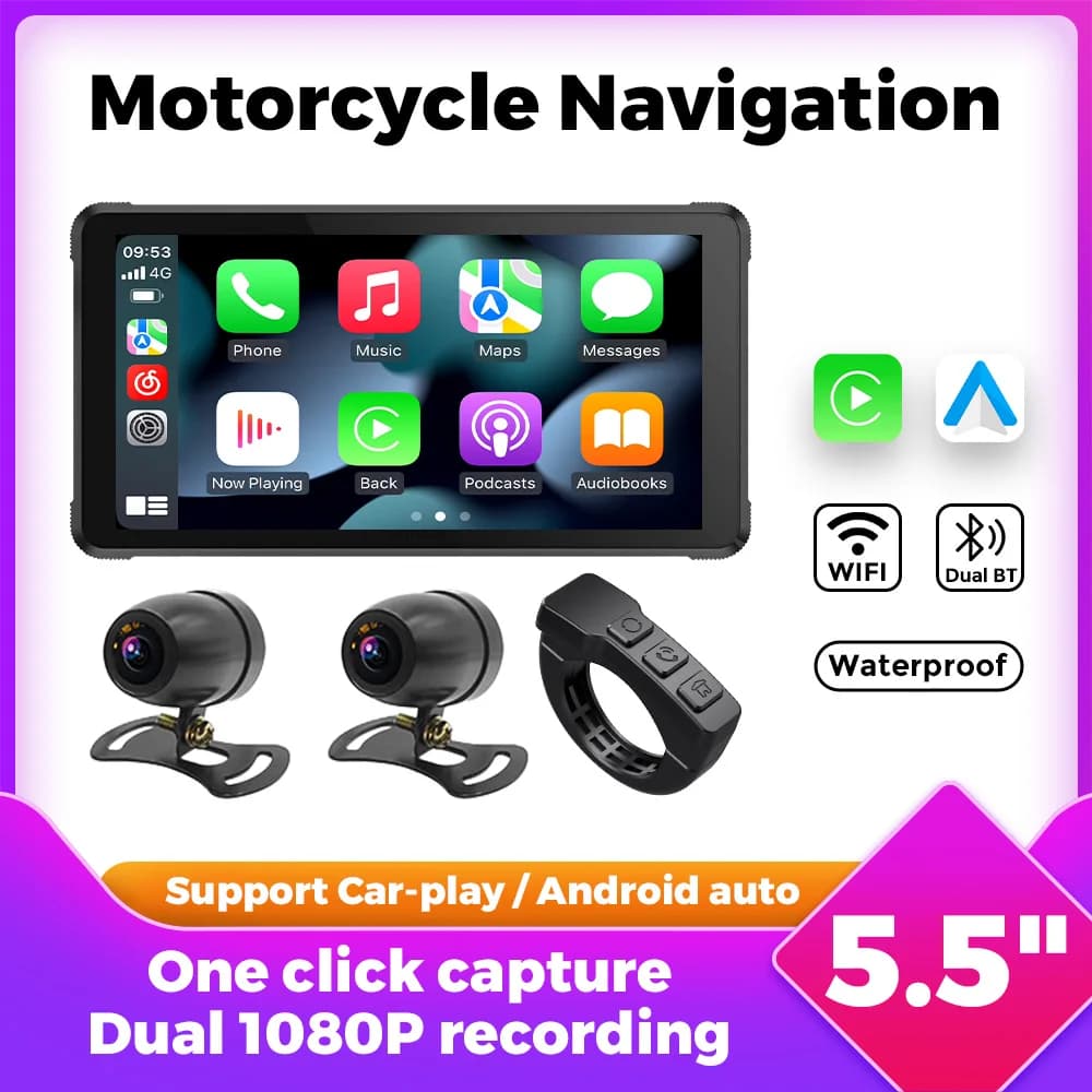 5.5 Inch Portable Motorbike Display IPX7 Waterproof Wireless Carplay Android Auto Moto Dash Cam Monitor BT GPS