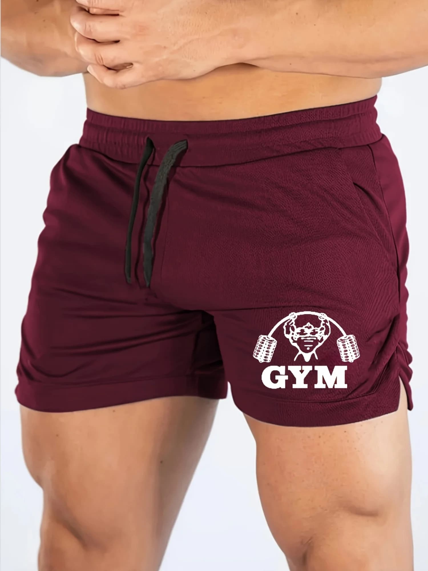 Pantaloncini da corsa per muscoli con manubri, pantaloncini da maratona traspiranti ad asciugatura rapida, pantaloni da spiaggia fitness da 3 minuti, tessuto a rete attillato, sportivo