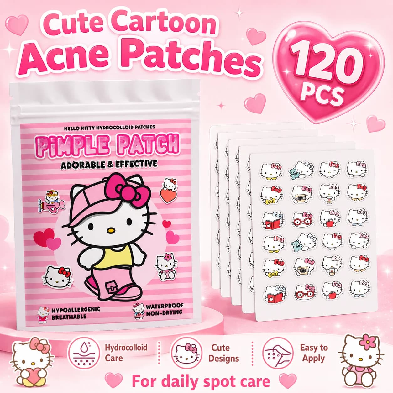 120 cerotti Hello Kitty per l'acne, cerotti per l'acne del viso, cerotti idrogel per la rimozione dell'acne, correttore