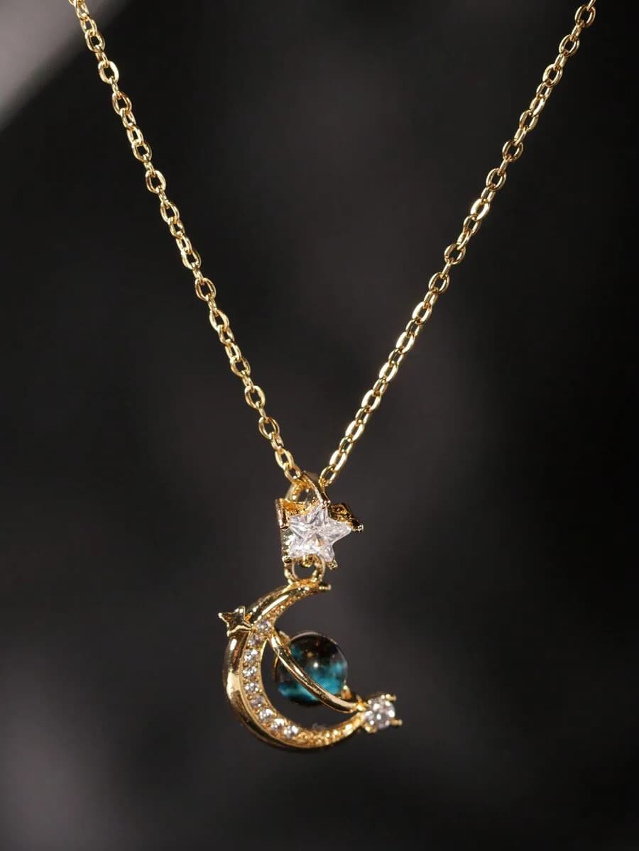 1pc Dreamy Planet Themed Gold-Tone Necklace With Moon And Earth Pendant Suitable For Women's Daily Wear