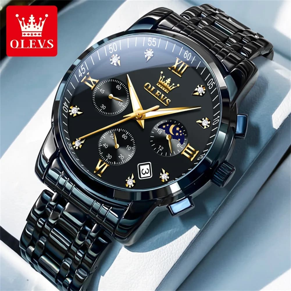 OLEVS Men's popular stainless steel watches black chronograph with moon phases quartz watch for men date Original brand wristwatch