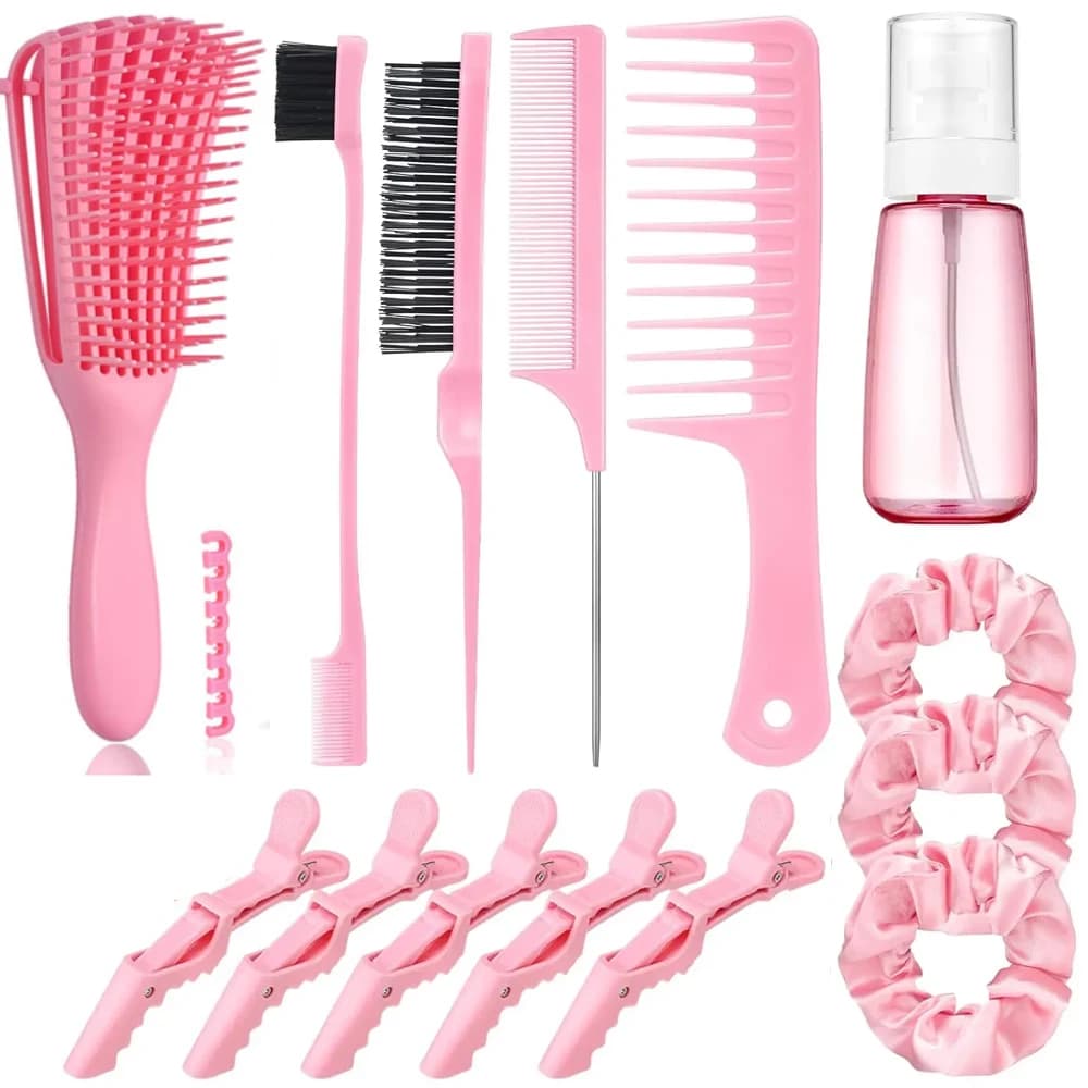 2025 New set of 14-piece smooth hair brushes, hair brush with bristles with spray bottle, hair clip, edge brush for women (pink)