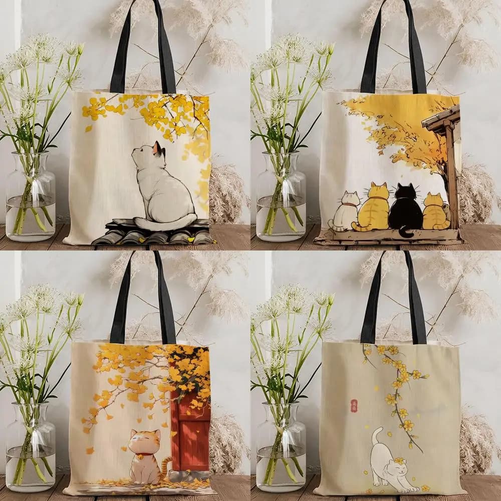 Autumn cats Storage Bags Canvas Double-Sided Print Tote Bag Large Capacity Shoulder Fashion Shopping Handbag