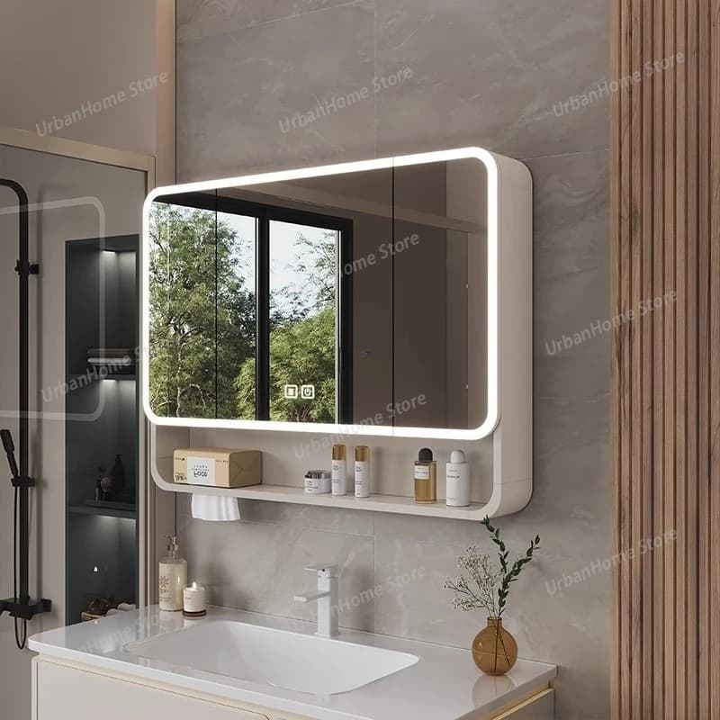 Specchio da Bagno in Alluminio Spaziale, Moderno, con Illuminazione e Contenitore, per Hotel e Balcone - Mobili per Bagno LS50YSJ