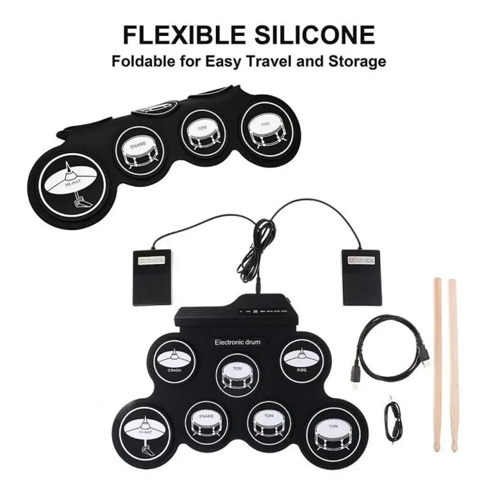 Set di batteria elettronica portatile con 7 pad, USB, effetti sonori e pedaliera di sustain, ideale per principianti