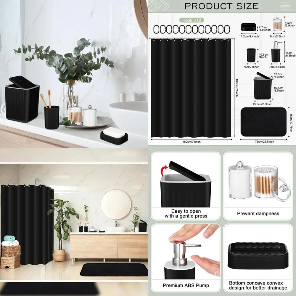 Set di accessori da bagno neri: tenda da doccia, 12 ganci, pattumiera, dispenser di sapone, piatti, tappeti, tazze e porta batuffoli di cotone per S