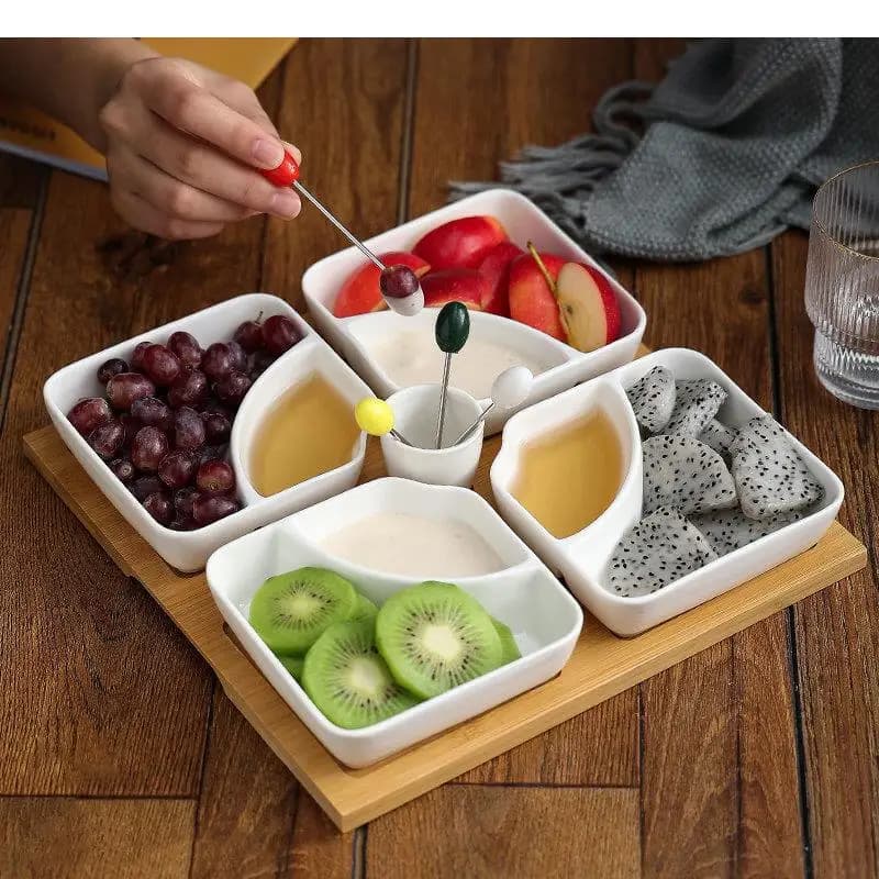 Vassoio in Ceramica Multi-Griglia con Base in Legno per Frutta, Snack e Dessert - Accessori da Cucina per Casa e Tavola