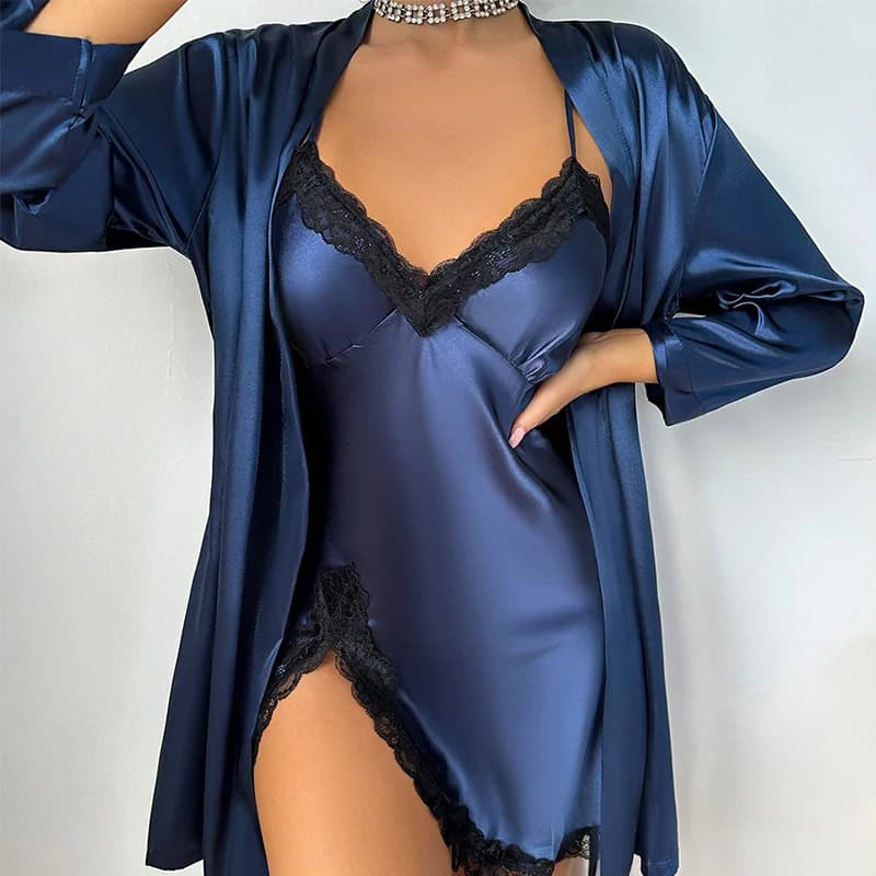 Tinta unita femminile Twinset Robe Set Donna Kimono Indumenti da notte Camicia da notte Estate Indumenti da notte in raso Accappatoio Abito Abito Pigiama