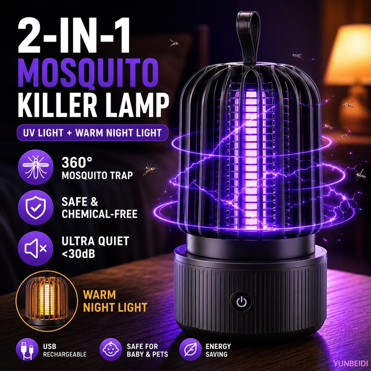 Mosquito Killer Lamp 2 in 1 UV Light Mosquito Trap USB Rechargeable Quiet Night Light for Home Bedroom Camping Indoor Outdoor