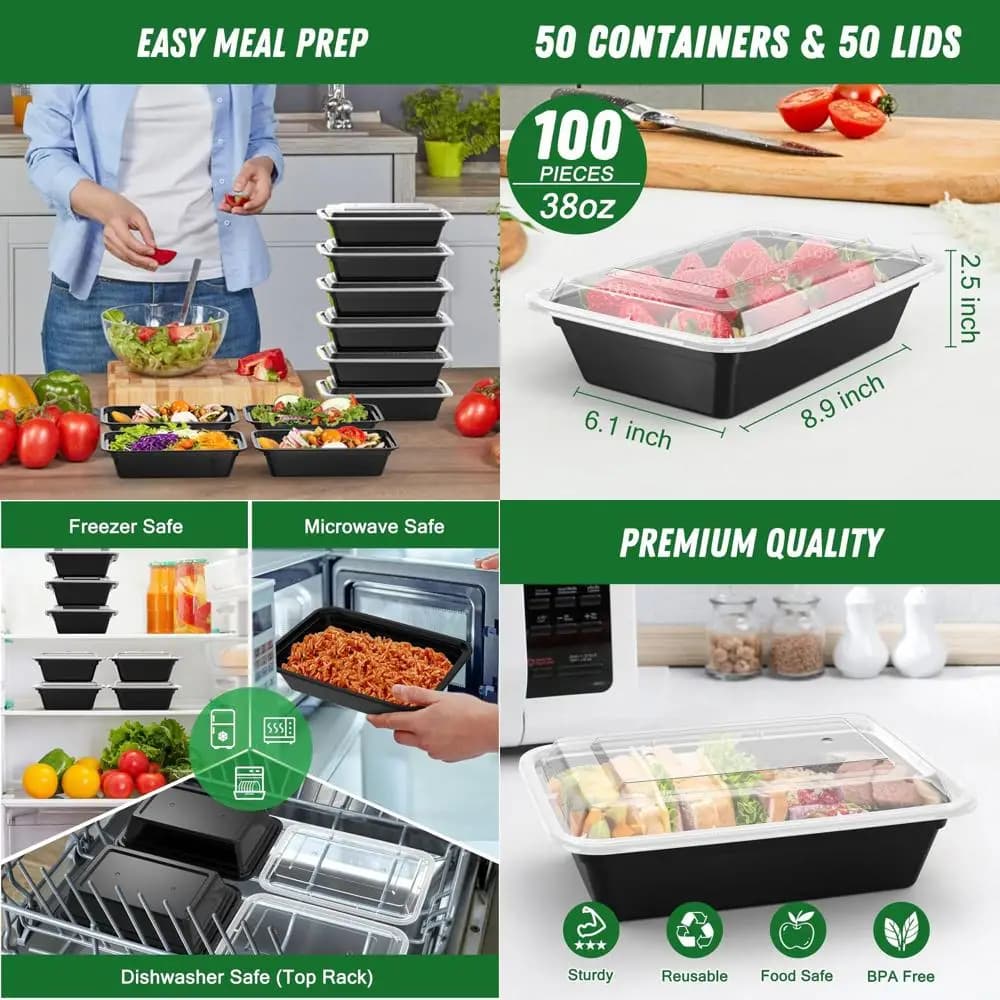Contenitori riutilizzabili per la preparazione dei pasti da 100 pezzi da 38 once con coperchi, a tenuta stagna, adatti ai microonde e ai lavastoviglie, ideali per la conservazione degli alimenti e alla G