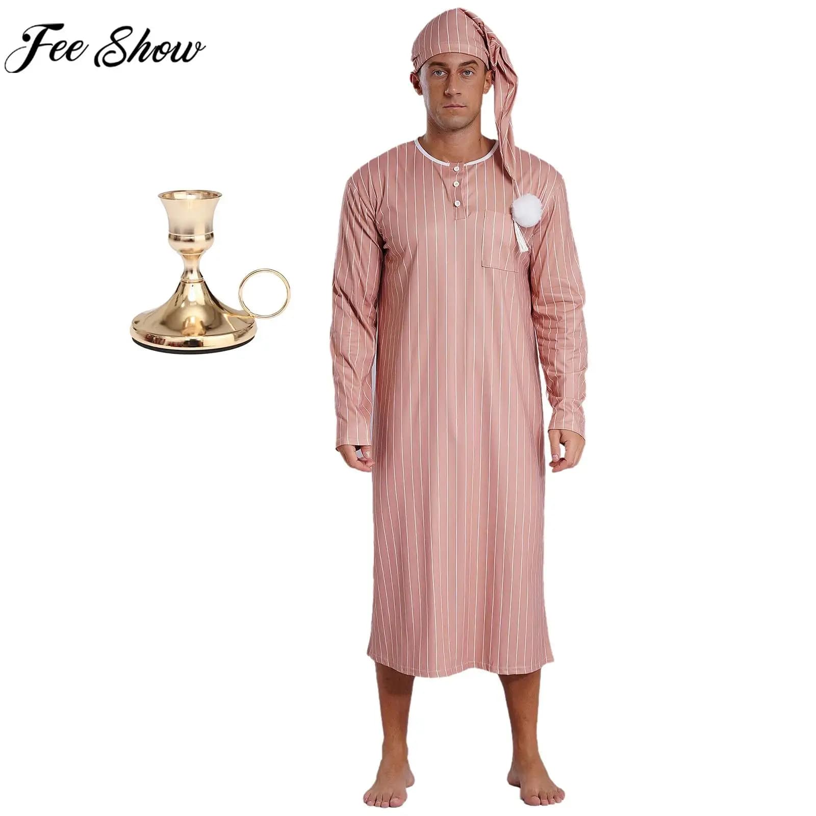 Men's pajamas with wide striped long sleeve night shirt, with night cap, candlestick, Christmas, Christmas, Halloween, party costume