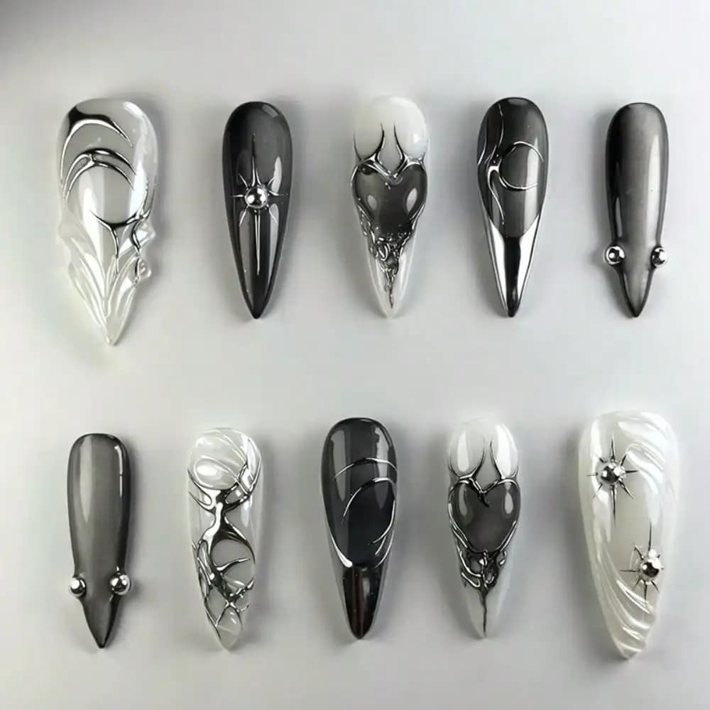 24 Pezzi Unghie Finte Gotiche Lunghe a Stiletto, Design Marmo Nero e Bianco, Unghie Metalliche Stile Dark, Manicure Fai-da-Te per Donne
