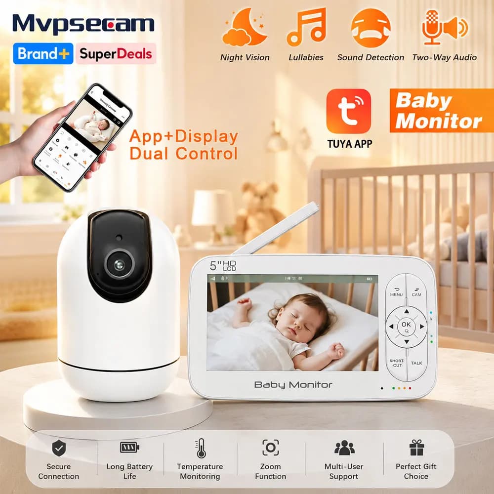 Baby Monitor Smart WiFi con Schermo LCD da 5 Pollici, Zoom PTZ 4x, Controllo Doppio tramite App Tuya e Monitor, Baby Sitter Elettronico con Audio Bidirezionale e Ni