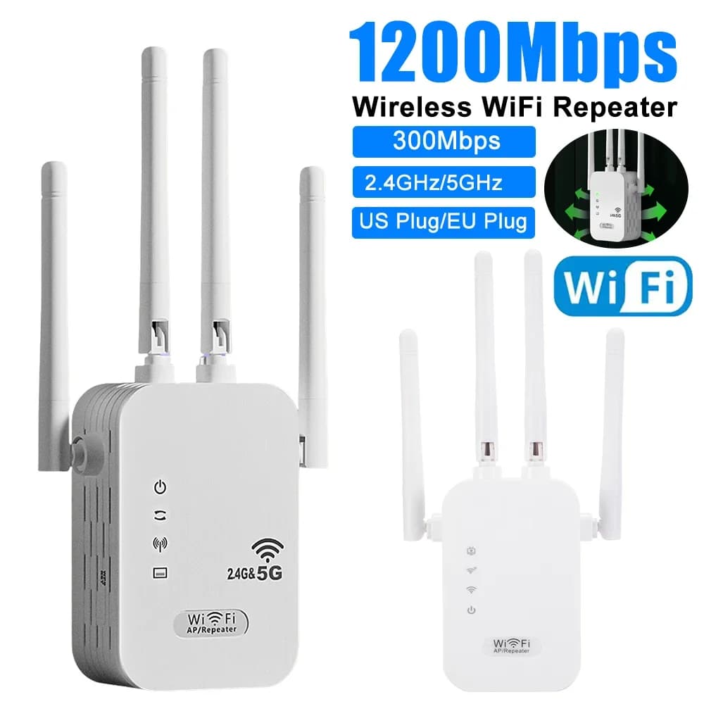 Ripetitore WiFi Wireless 1200Mbps/300Mbps con Porta WAN/LAN, Dual-Band 2.4GHz/5GHz, Estensore WiFi con 4 Antenne, Amplificatore di Segnale Wi-Fi