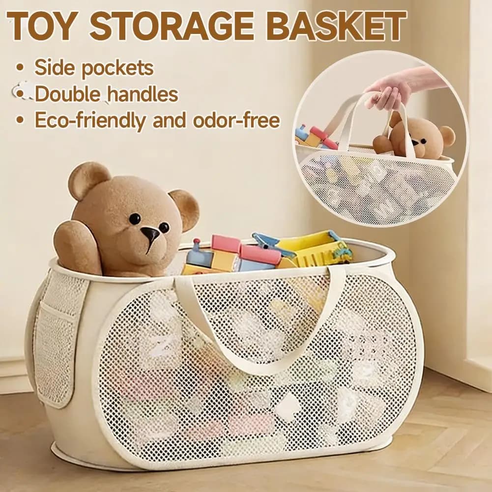Durable folding basket, mesh linen basket with side pocket, large container for children's toys