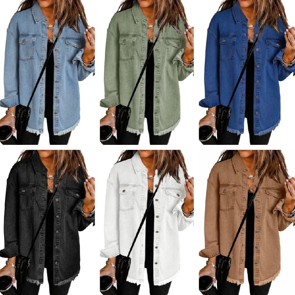 Giacca di jeans lavata Donna Autunno Nappa Risvolto Giacca di jeans Donna Casual Allentato Manica lunga Monopetto Capispalla Camicie Cappotto