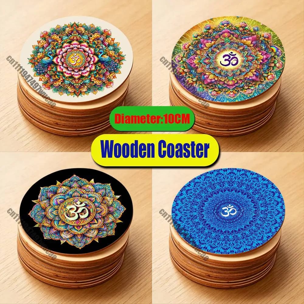 For Yoga Aum Om Mandala wallpaper Coaster Water Coffee Tea Cup Glass Mat Custom Wood Round Wooden Heat Proof