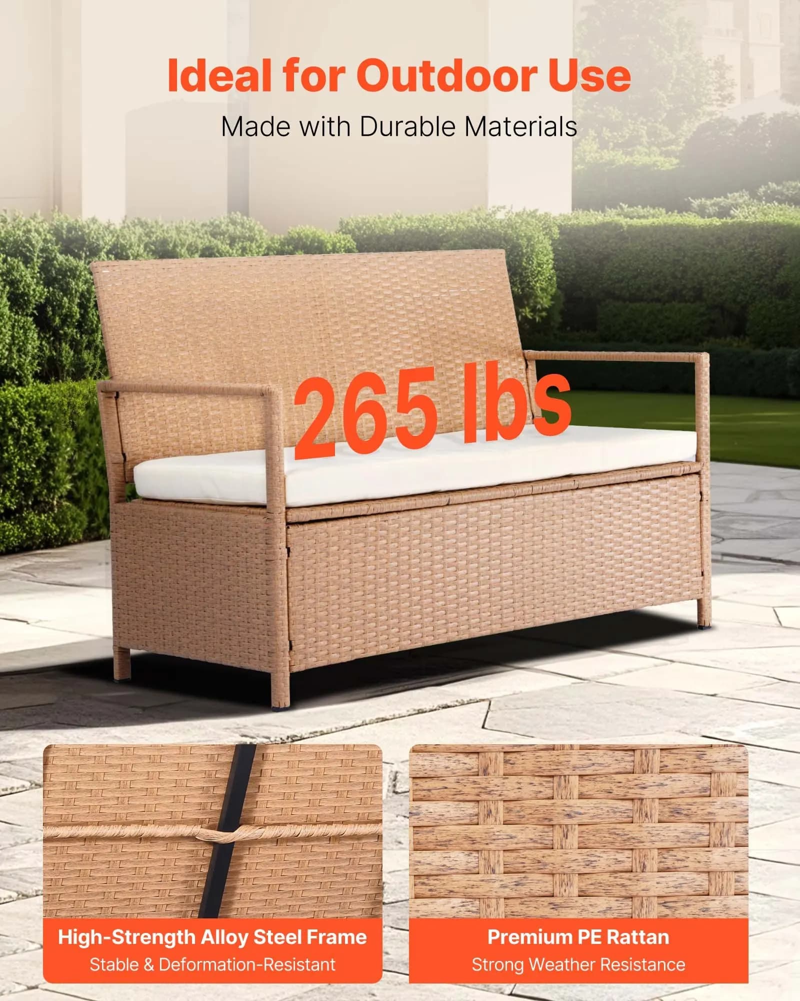 Panca Contenitore da Esterno in Rattan PE, Box Contenitore da 70 Galloni Impermeabile per Esterni con Seduta e Spazio di Archiviazione