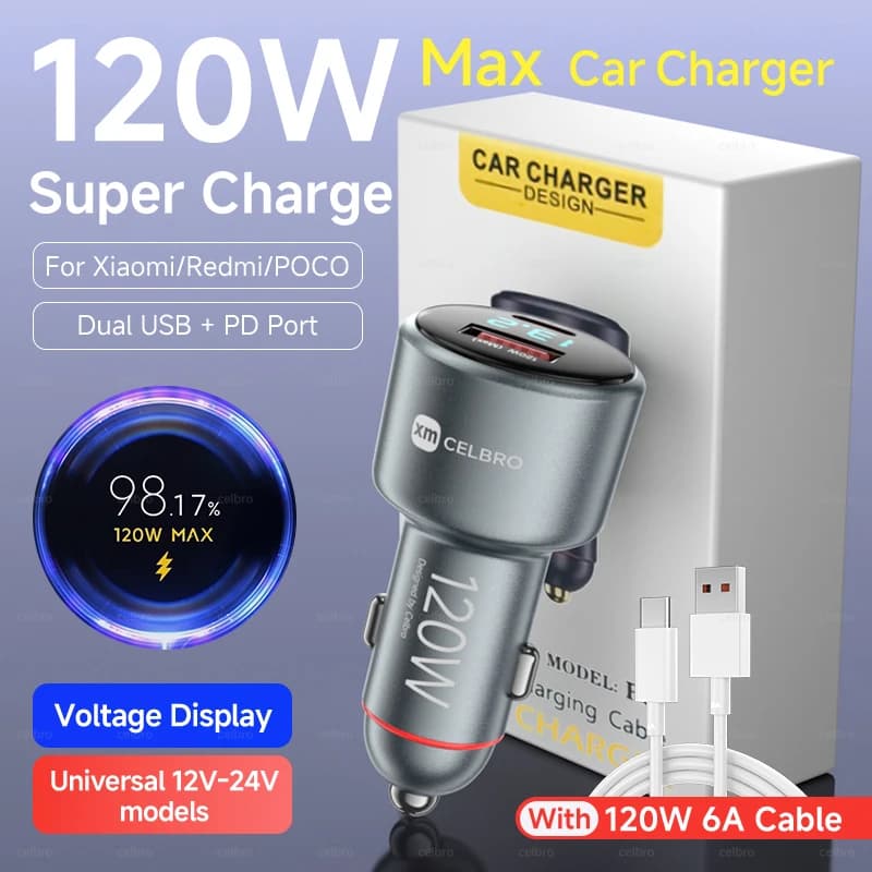 Caricabatterie da Auto USB C 120W 90W 67W Originale per Xiaomi Mi 17 15 14 13 Pro Redmi Note 12, Adattatore di Alimentazione con Cavo Type C 6A per Auto