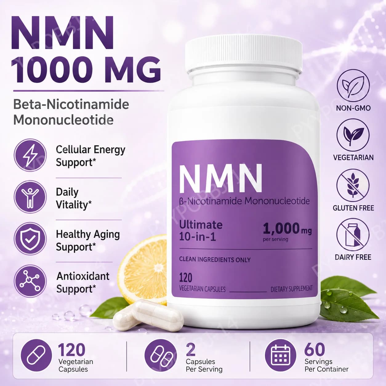 NMN Beta Nicotinamide Mononucleotide with Vitamin C 120 Vegetarian Capsules Daily Wellness Supplement Non GMO Gluten Free