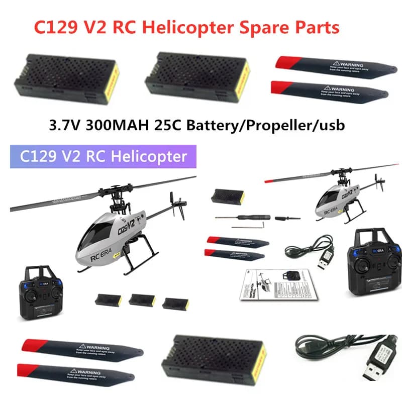 Accessori originali per elicottero RC C129 V2: Batteria C129, elica per velivolo RC C129, cavo USB, batteria per elicottero C129V2 C129 V2
