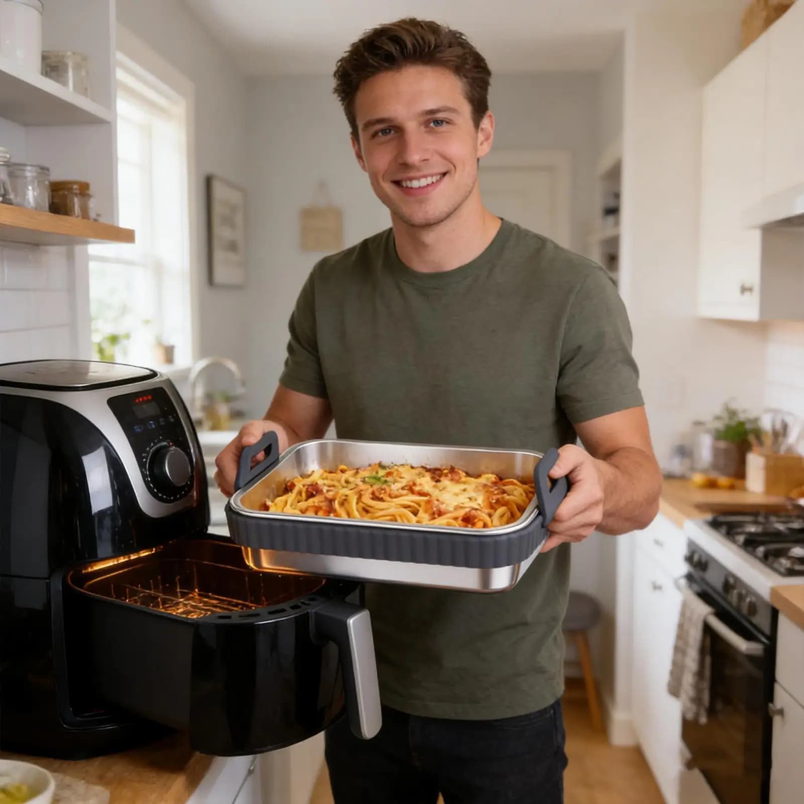 Cestello in Silicone per Friggitrice ad Aria, Resistente alle Alte Temperature, Utensile da Cucina con Coperchio, Teglia da Forno per Alimenti Croccanti, Uso Domestico