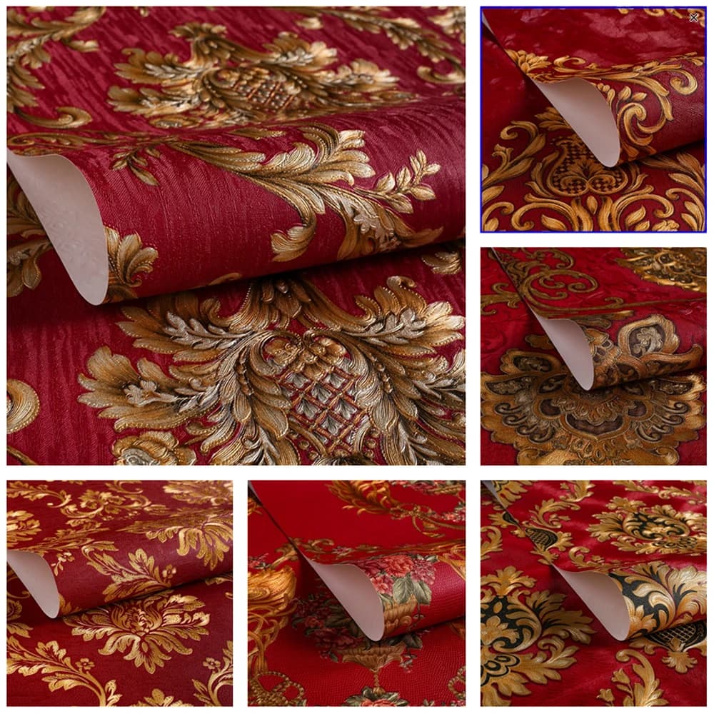 Damascus luxury red Wllpaper Retro 3D Flower stereo European wallpaper damask bedroom living room sofa background Ktv mural