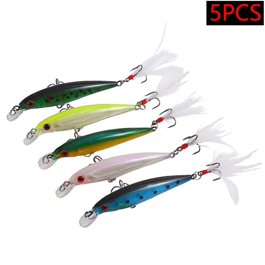 5PCS Affondamento Lento Minnow Con Piuma Esca Dura Wobblers Artificiali Per Luccio A Strisce Bass Swimbait Crankbait Esche Da Pesca Set